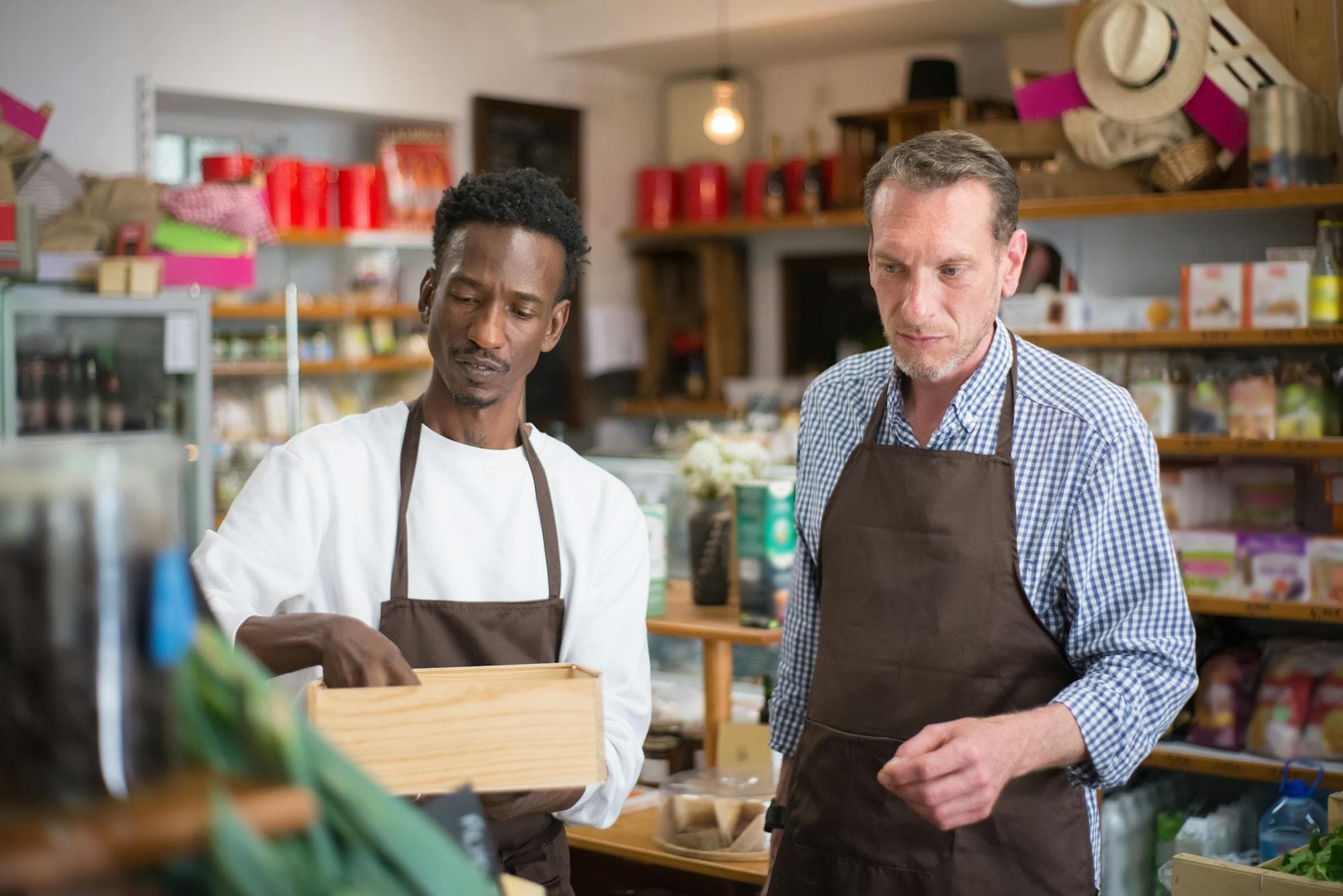 Customers browsing inside a busy independent shop